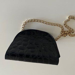 Joan & David Vintage Patent Black leather crossbody bag with gold chain